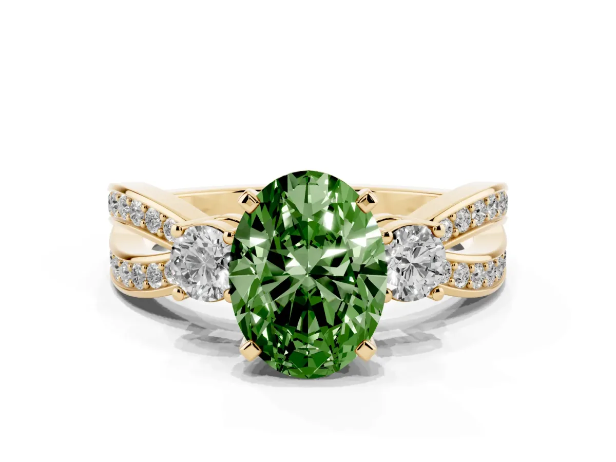 Fancy Green Three-Stone Oval Cut Cut Diamond Twist Band with Prong Setting Yellow gold