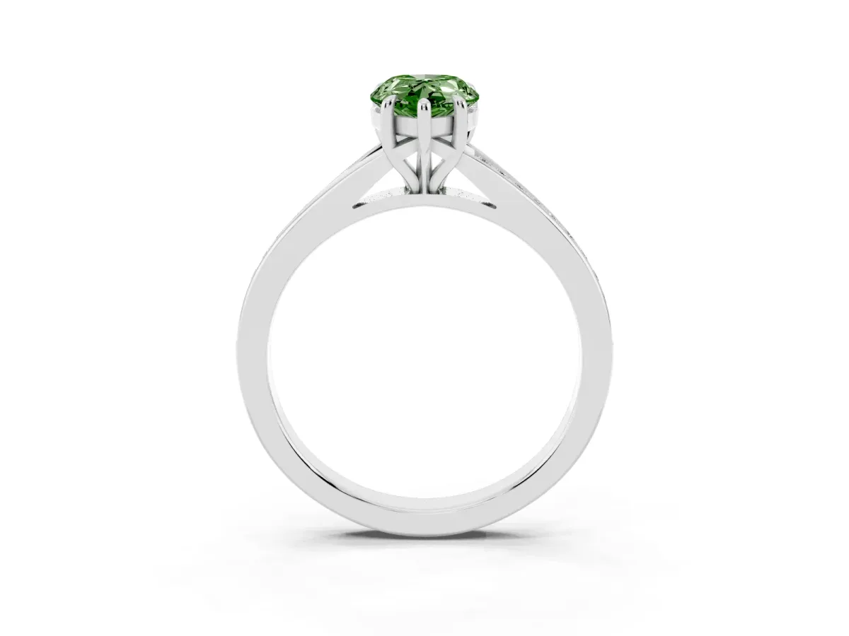Fancy Green Pear Cut Diamond Solitaire Ring with Pavé Band and Prong Setting Silver