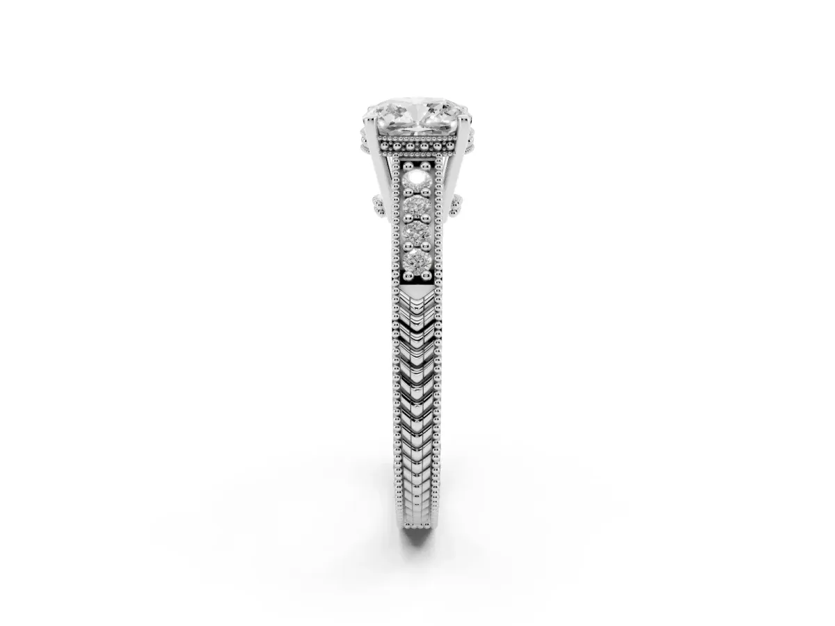Cushion Cut Solitaire Pavé Diamond Milgrain Engagement Ring with Four-Prong Setting Silver