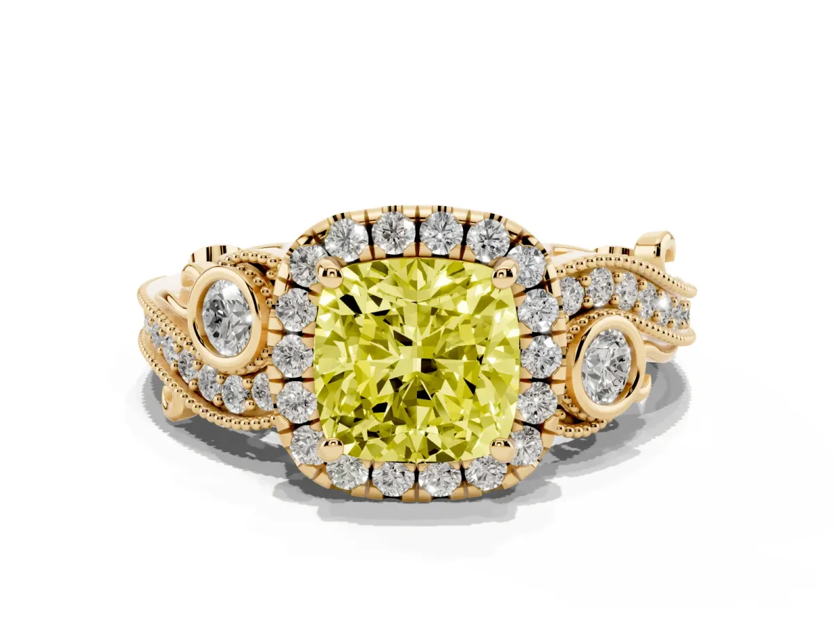 Fancy Yellow Cushion Cut Halo Diamond Ring with Milgrain and Bezel Accents on a Split Shank Band Yellow gold