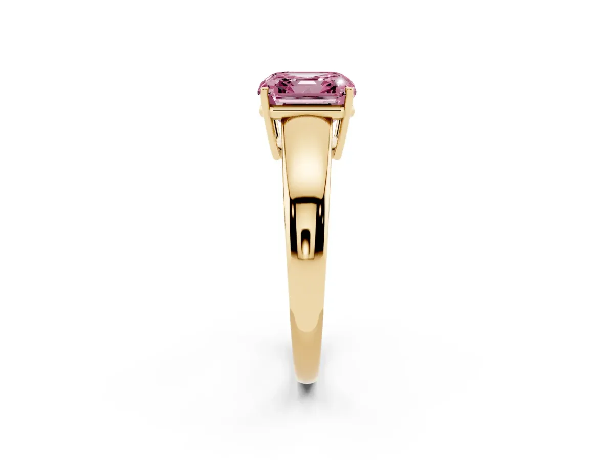 Fancy Pink Asscher Cut Solitaire Diamond Ring with Tapered Band and Four-Prong Setting Yellow gold