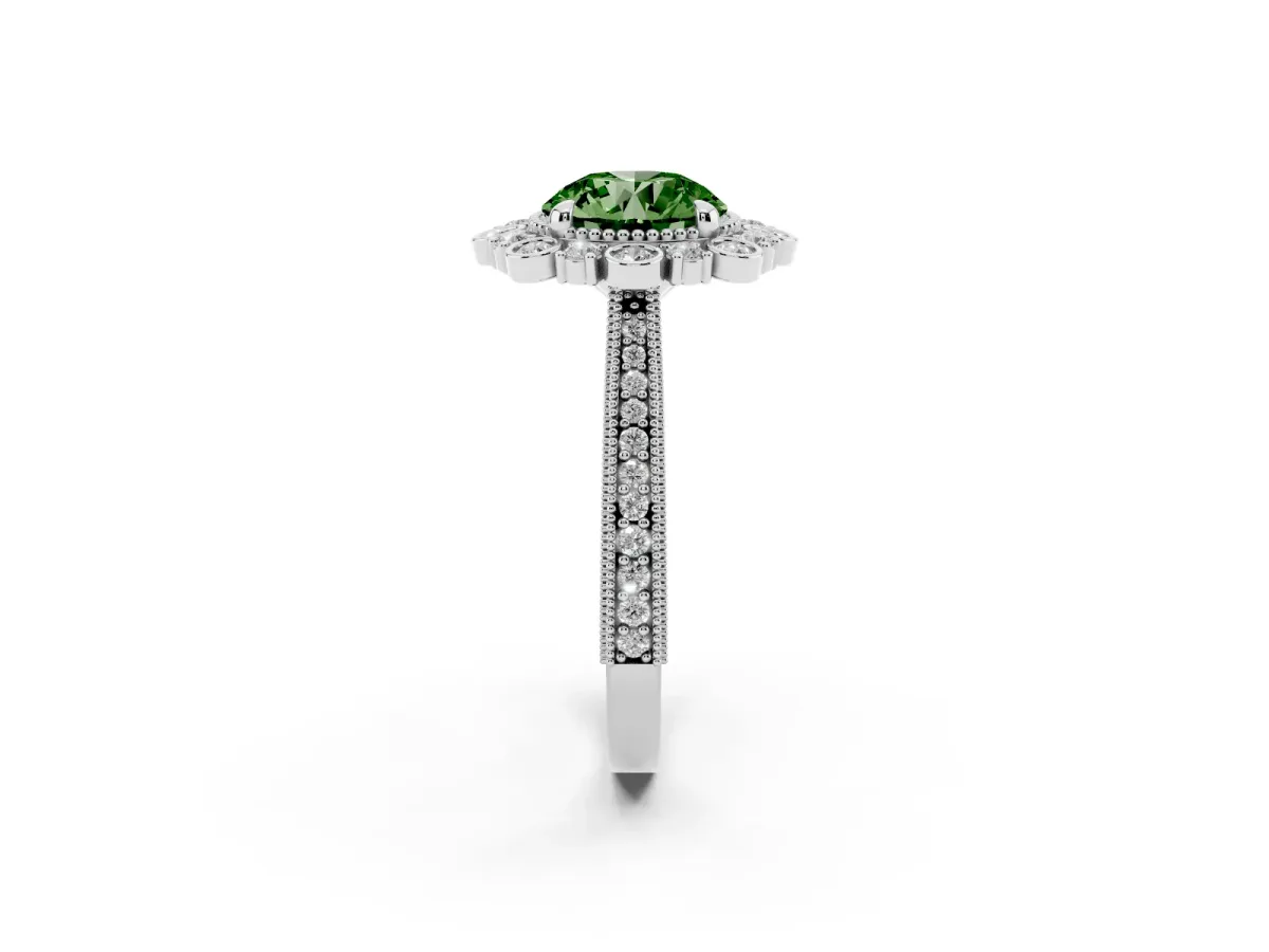 Fancy Green Round Cut Halo Milgrain Pave Diamond Ring with Four-Prong Setting Silver