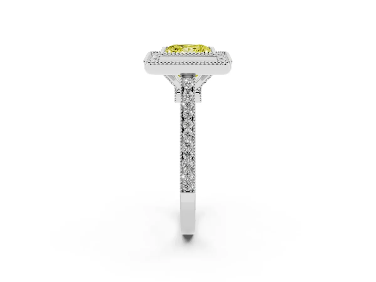 Fancy Yellow Princess Cut Diamond Halo Ring with Milgrain Frame and Pavé Band White gold