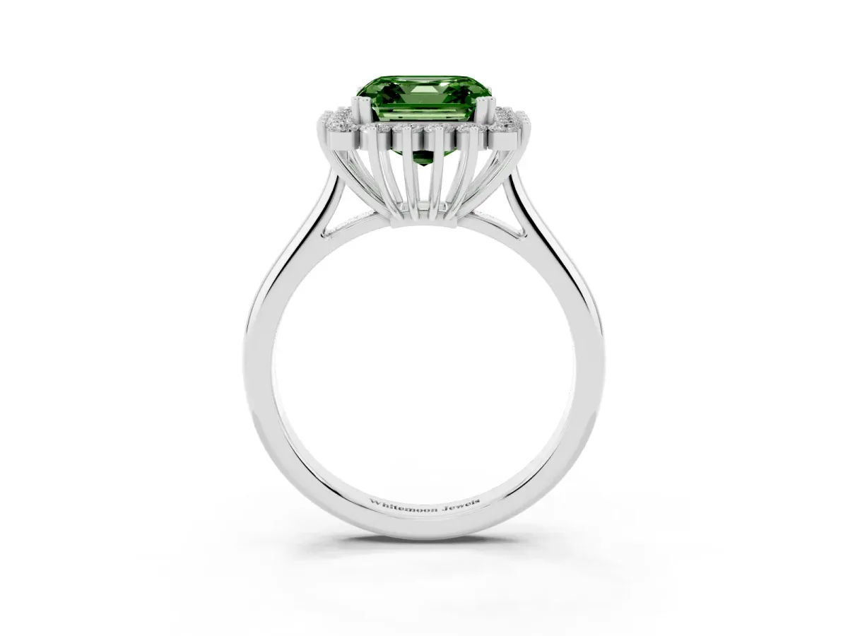 Fancy Green Asscher Cut Cut Diamond Halo Ring with Solitaire Band and Prong Setting Silver