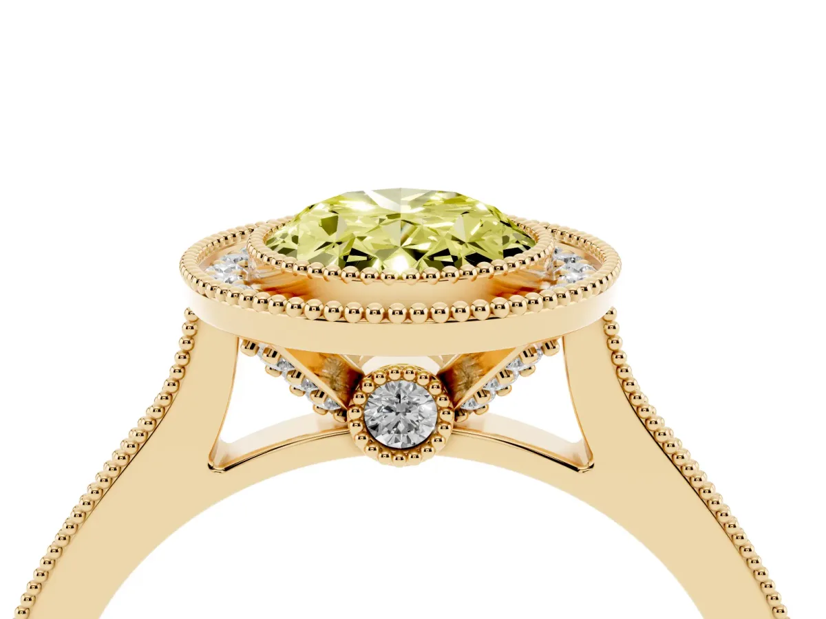Fancy Yellow Halo Oval Cut-Cut Diamond Pave Band Milgrain Prong Setting Ring Yellow gold