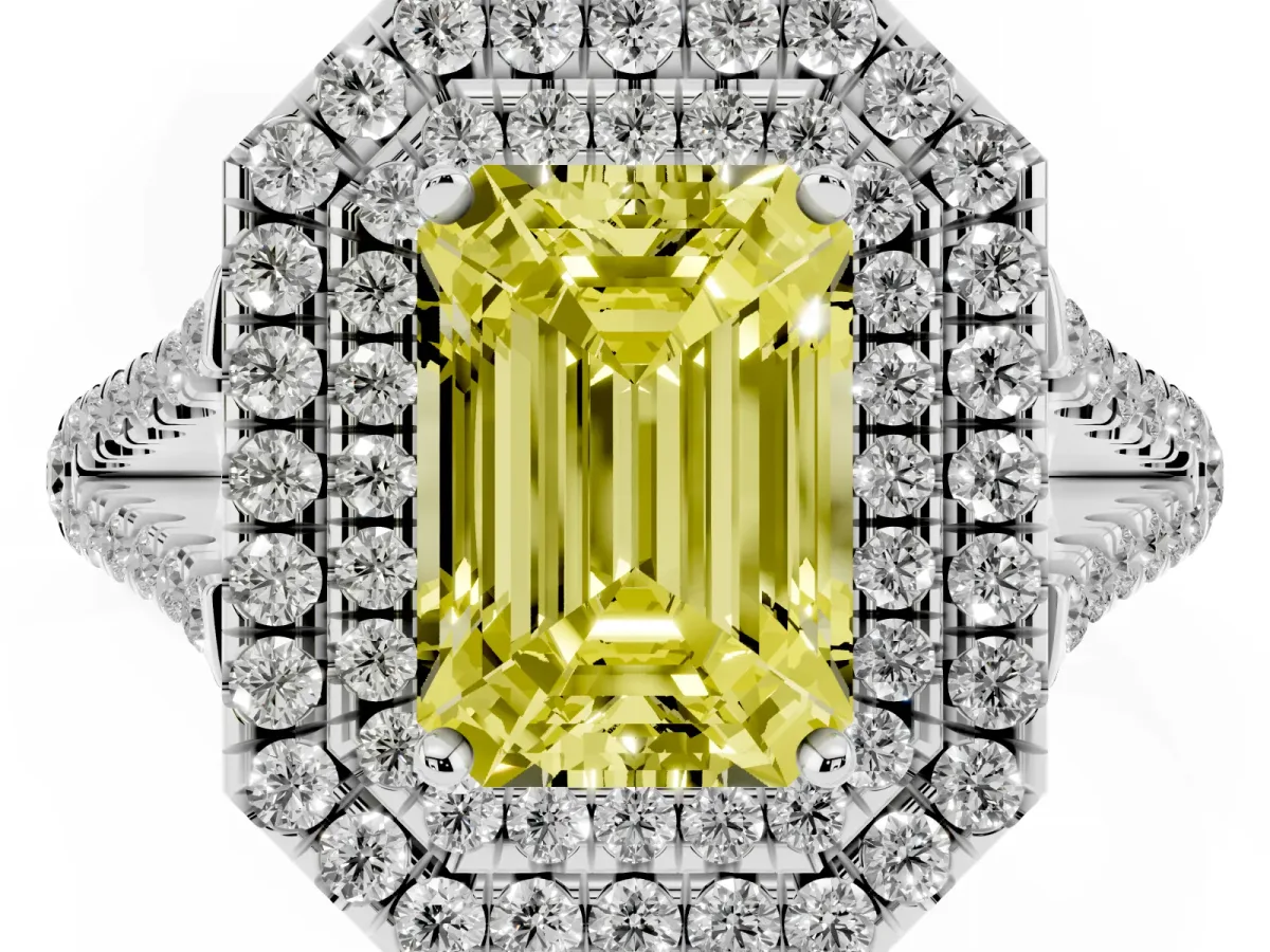 Fancy Yellow Emerald Cut Diamond Double Halo Ring with Pavé Band and Prong Setting Platinum