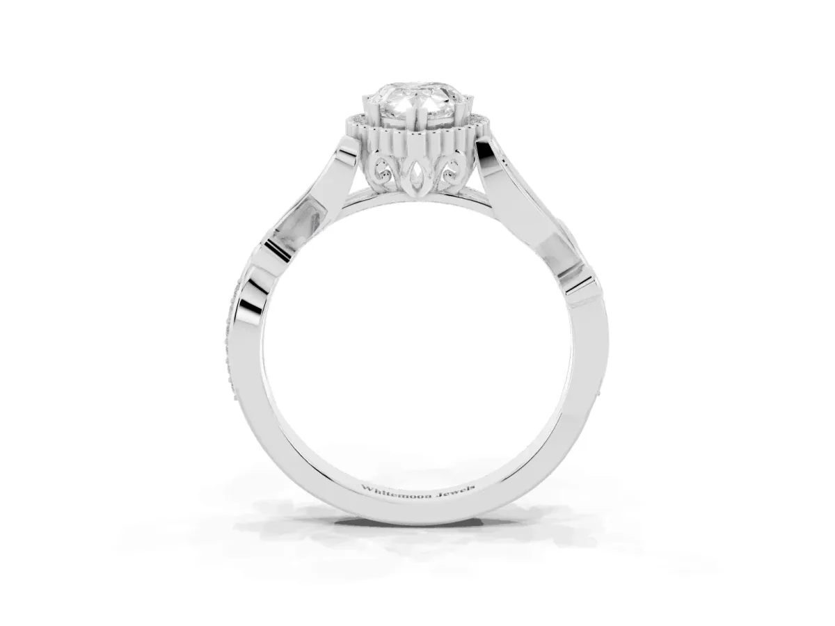 Pear Cut Diamond Halo Ring with Vintage Split Shank and Four-Prong Setting Platinum