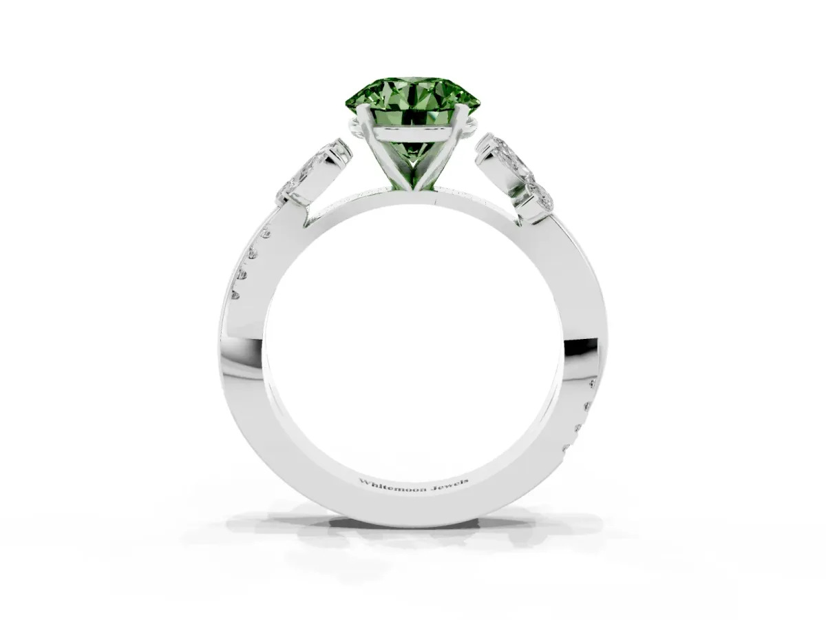 Fancy Green Round Cut Diamond Floral Vine Solitaire Engagement Ring Platinum