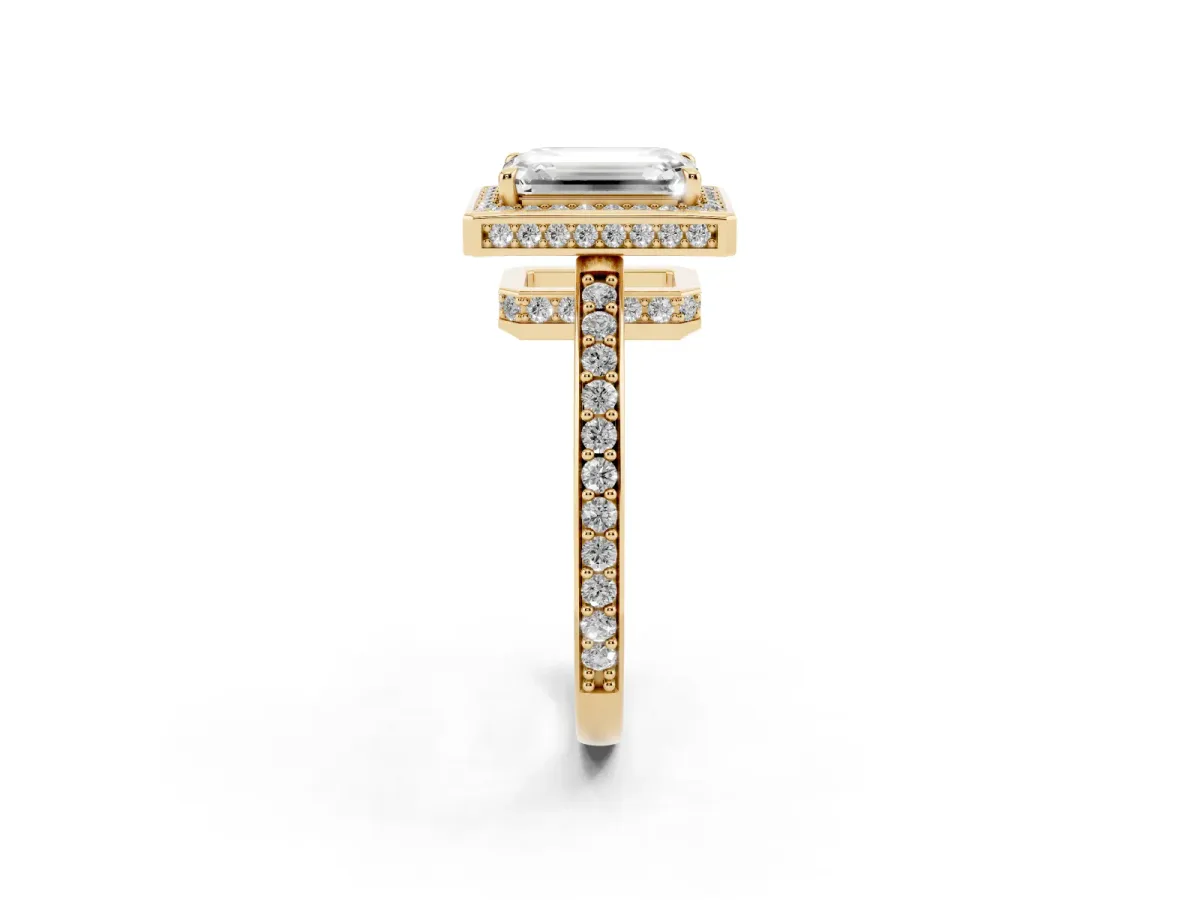 Emerald Cut Halo Pave Band Solitaire Ring with Prong Setting Yellow gold
