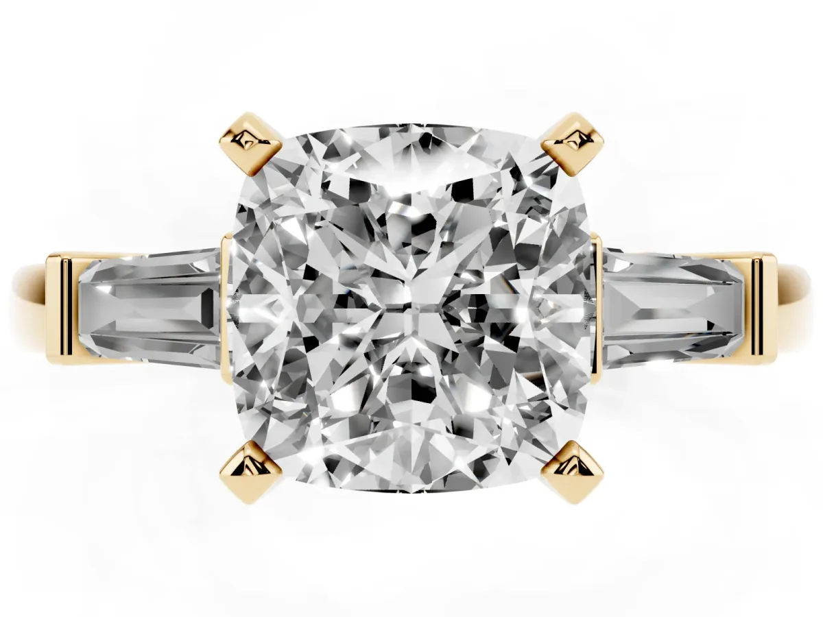 Cushion Cut Cut Diamond Solitaire Ring with Tapered Baguette Accents and Four-Prong Setting Yellow gold
