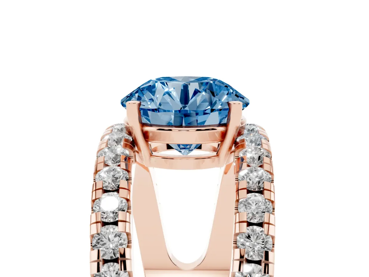 Fancy Blue Round Cut Solitaire Split Shank Pave Diamond Ring Rose gold