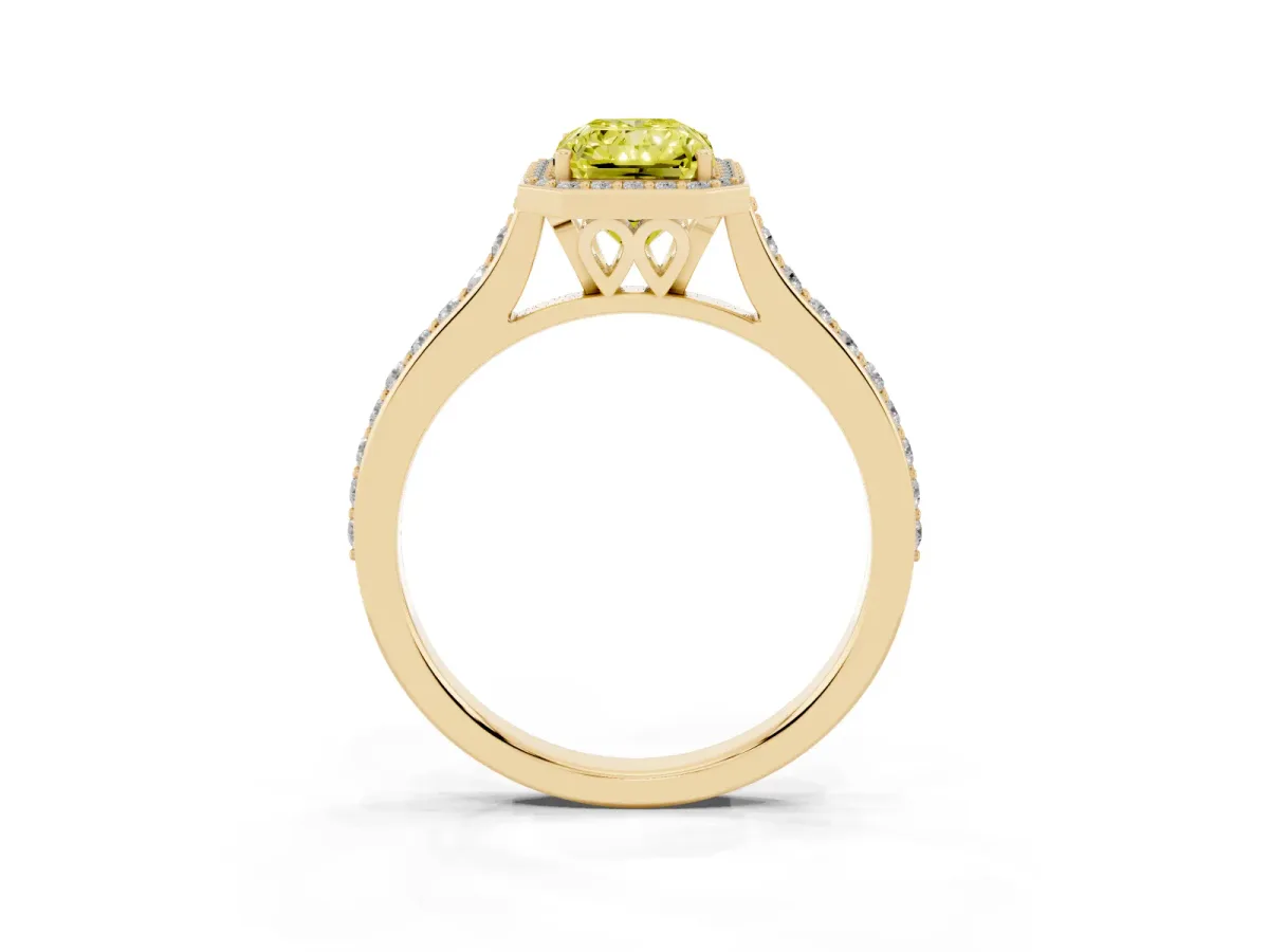 Fancy Yellow Radiant Cut Diamond Halo Engagement Ring with Round Pavé Shoulders and Prong Setting Yellow gold