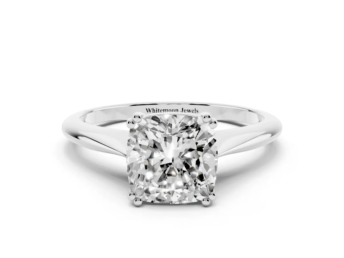 Cushion Cut Solitaire Diamond Ring with Six-Prong Setting and Classic Band Silver