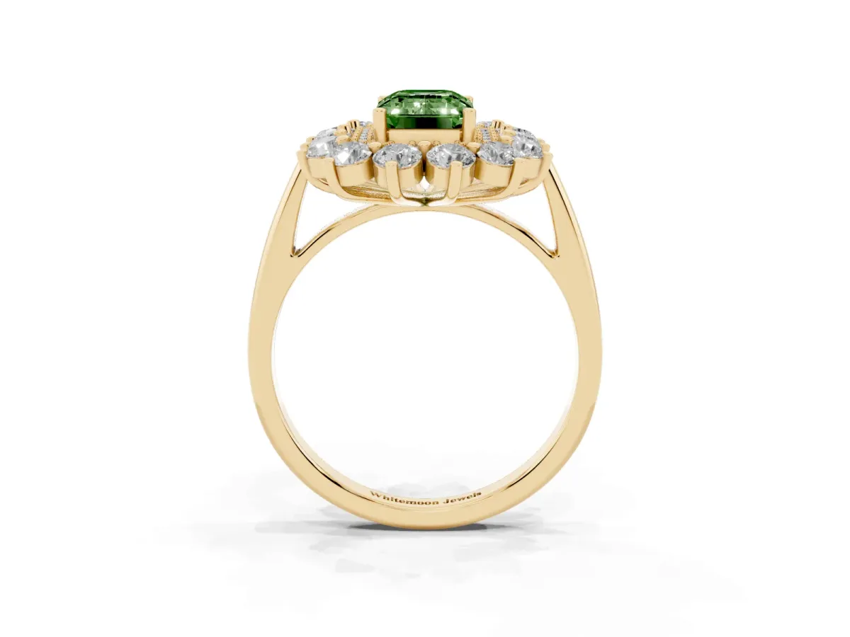 Fancy Green Emerald Cut Diamond Floral Double Halo Engagement Ring with Prong Setting Yellow gold