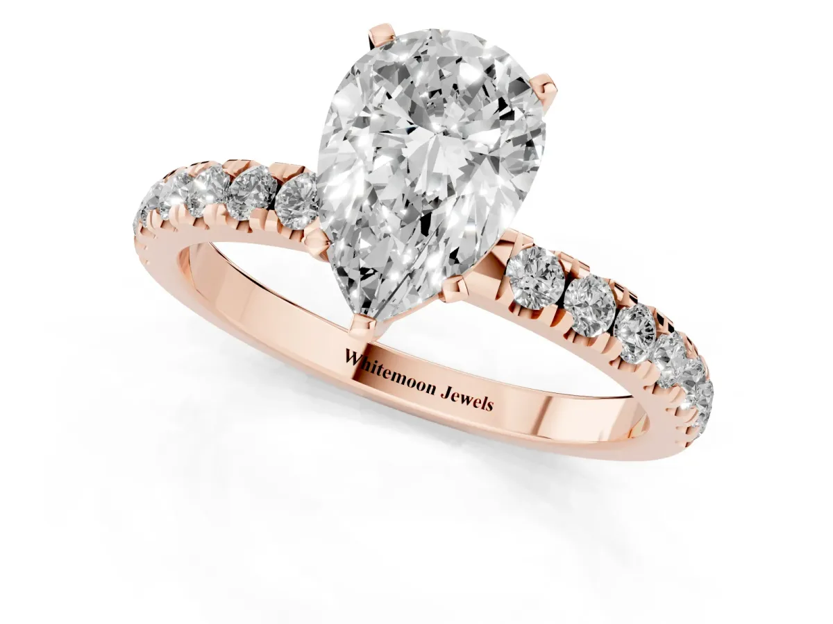 Pear Cut Diamond Solitaire Ring with Pavé Accents and Four-Prong Setting Rose gold