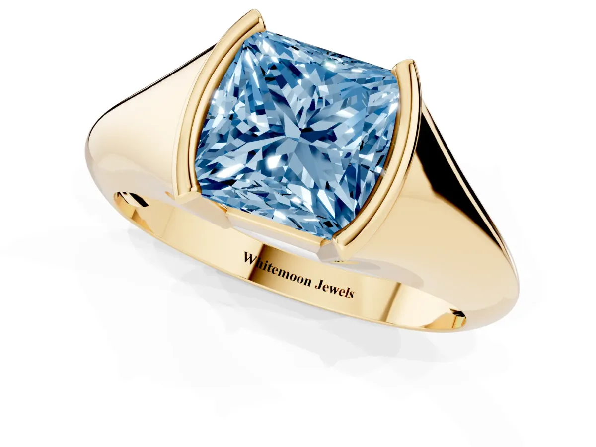 Fancy Blue Princess Cut Solitaire Tension Set Diamond Ring Yellow gold