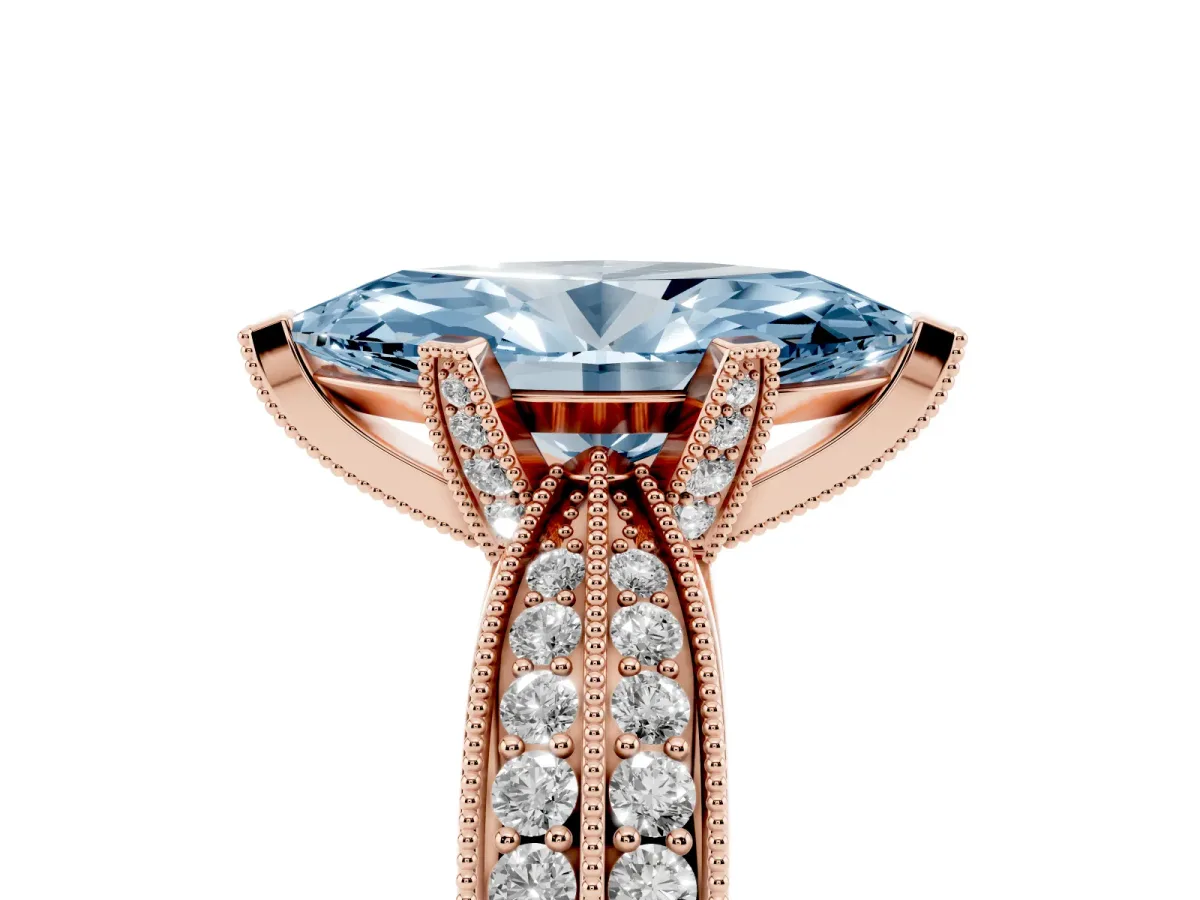 Fancy Blue Marquise Cut Diamond Solitaire Ring with Milgrain Round Pavé Band and Prong Setting Rose gold