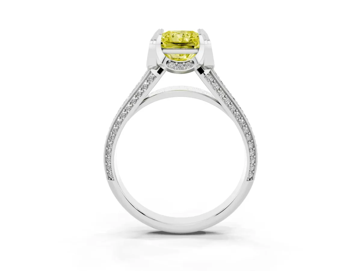 Fancy Yellow Radiant Cut Solitaire Pave Split Shank Ring with Four-Prong Setting Silver