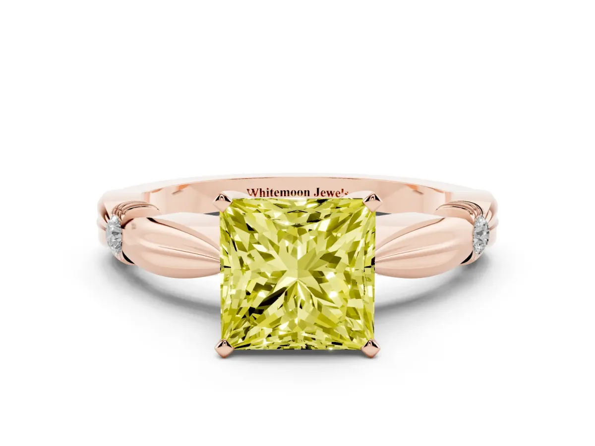 Fancy Yellow Princess Cut Solitaire Diamond Twisted Band with Four-Prong Setting Rose gold