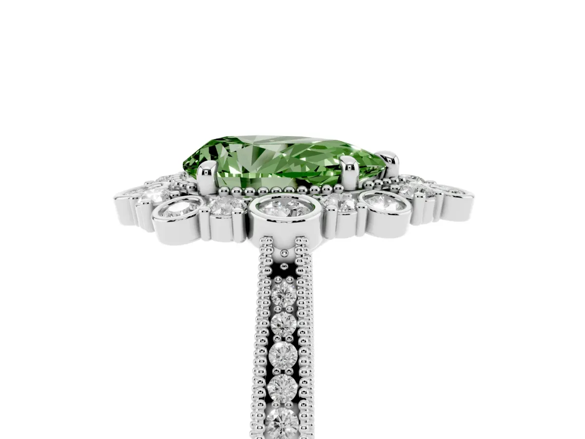 Fancy Green Pear Cut Halo Milgrain Pave Diamond Ring with Four-Prong Setting Silver