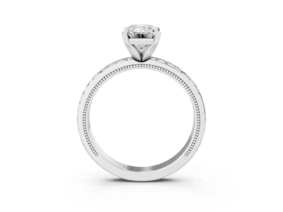 Emerald Cut Solitaire Diamond Ring with Milgrain and Black Enamel X Pattern Band Silver