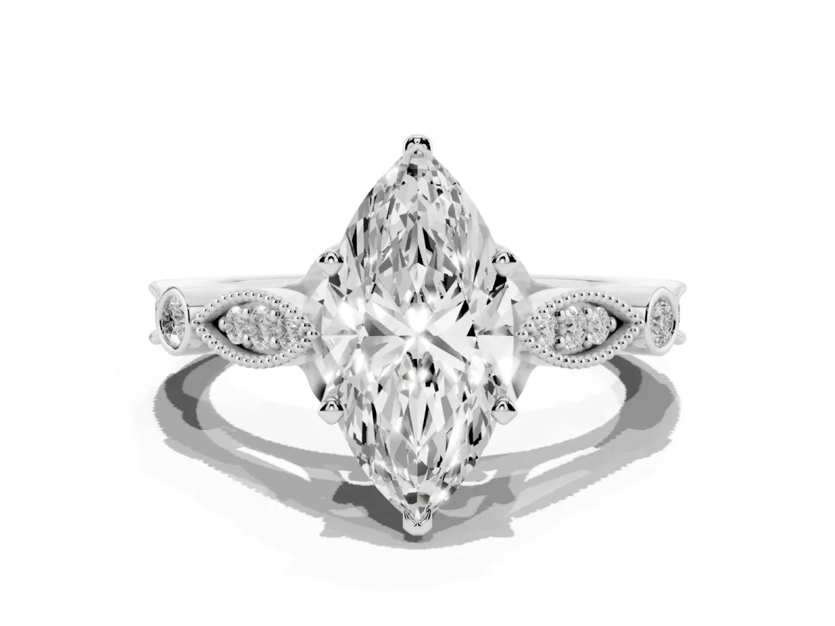 Marquise Cut Cut Diamond with Milgrain Marquise and Bezel Accents on a Solitaire Band with Prong Setting Silver