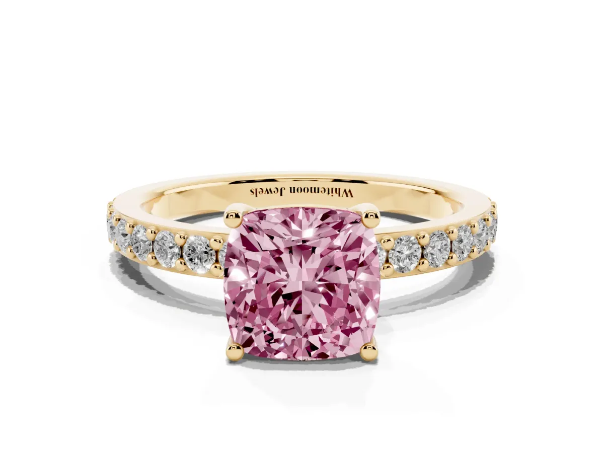 Fancy Pink Cushion Cut Cut Diamond Solitaire with Pave Band and Four-Prong Setting Yellow gold