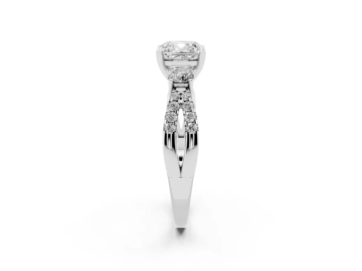 Cushion Cut Diamond Three-Stone Ring with Pavé Split Shank and Four-Prong Setting Silver