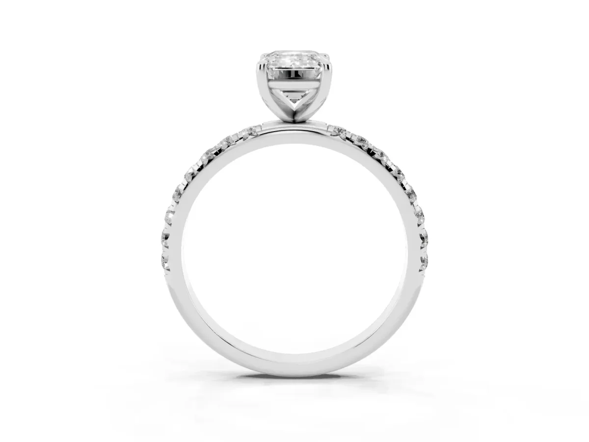 Emerald Cut Cut Diamond Solitaire Ring with Micro Pave Band and Four Prong Setting Silver
