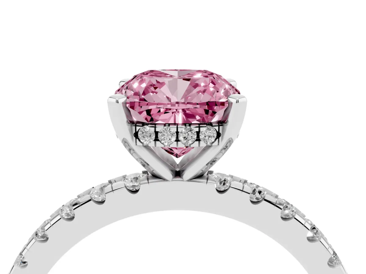 Fancy Pink Cushion Cut Diamond Solitaire Ring with Round Pavé Band and Four-Prong Setting Platinum