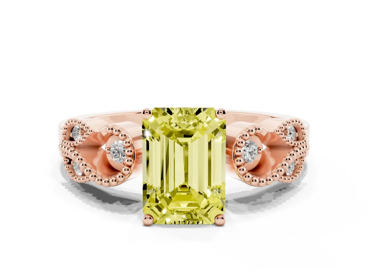 Fancy Yellow Emerald Cut Solitaire Milgrain Leaf Band with Prong Setting Rose gold