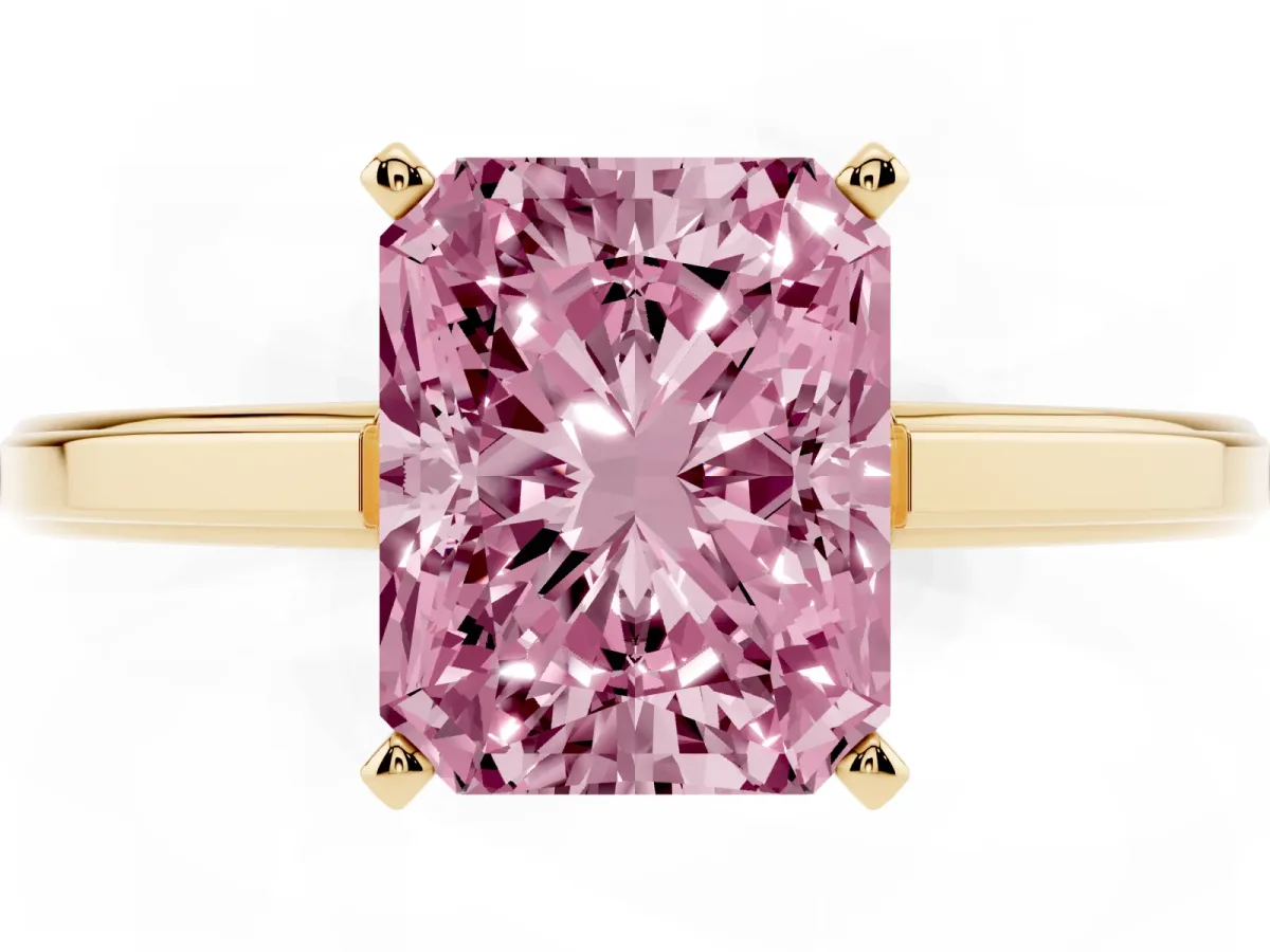Fancy Pink Radiant Cut Solitaire Diamond Ring with Four-Prong Setting and Classic Band Yellow gold