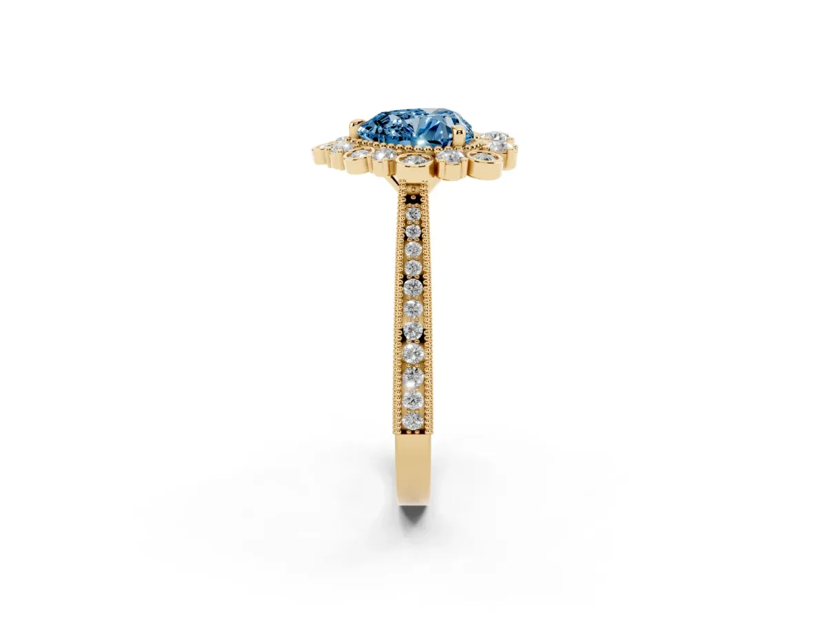 Fancy Blue Heart Cut Halo Milgrain Pave Diamond Ring with Four-Prong Setting Yellow gold