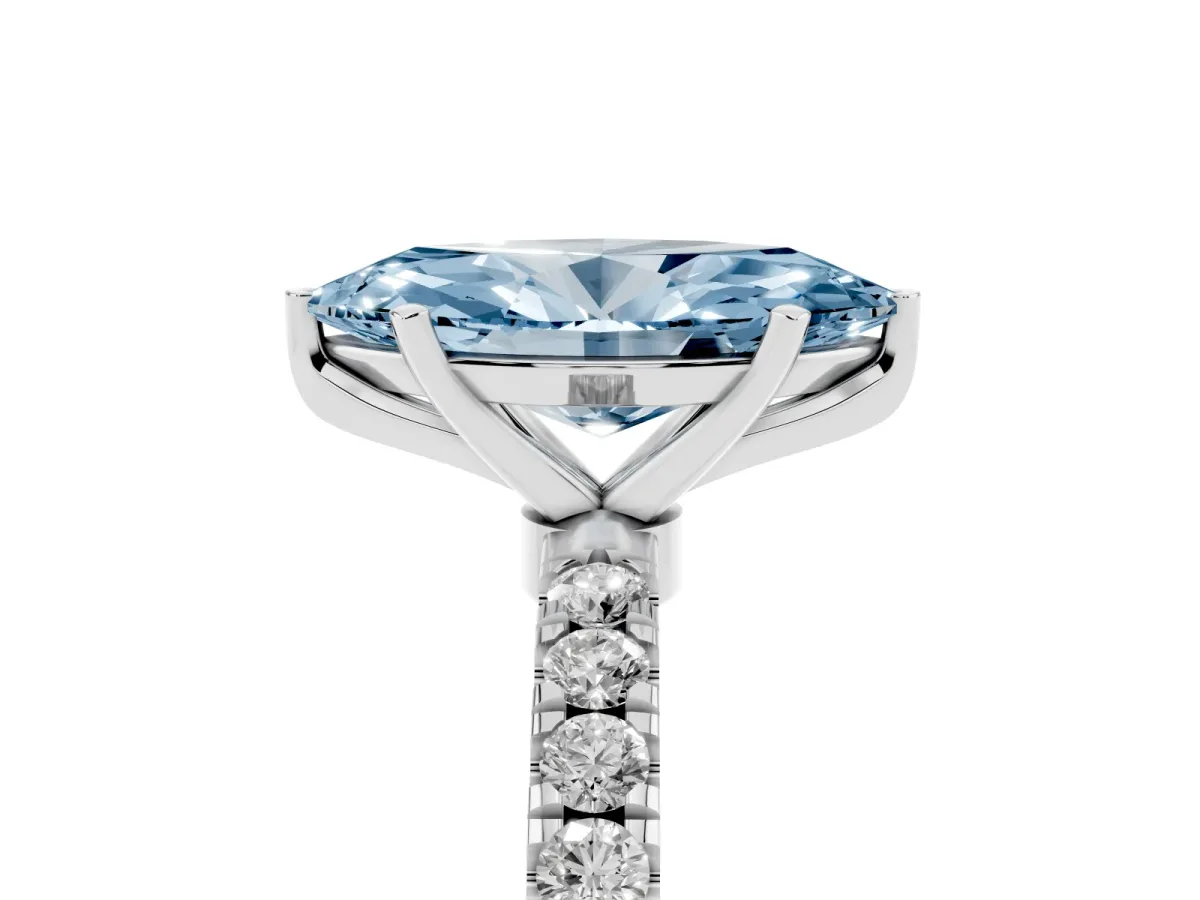 Fancy Blue Marquise Cut Diamond Solitaire Ring with Pavé Accents and Four-Prong Setting Silver