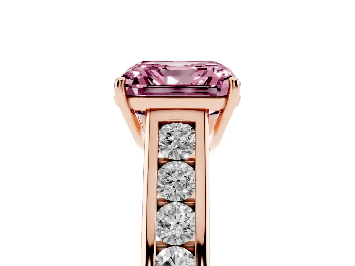 Fancy Pink Asscher Cut Solitaire Channel-Set Diamond Engagement Ring with Four-Prong Setting Rose gold