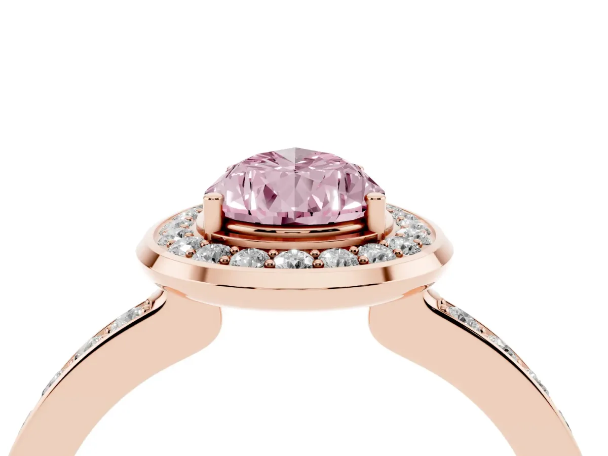 Fancy Pink Pear Cut Diamond Halo Ring with Bezel Frame and Pavé Band Rose gold