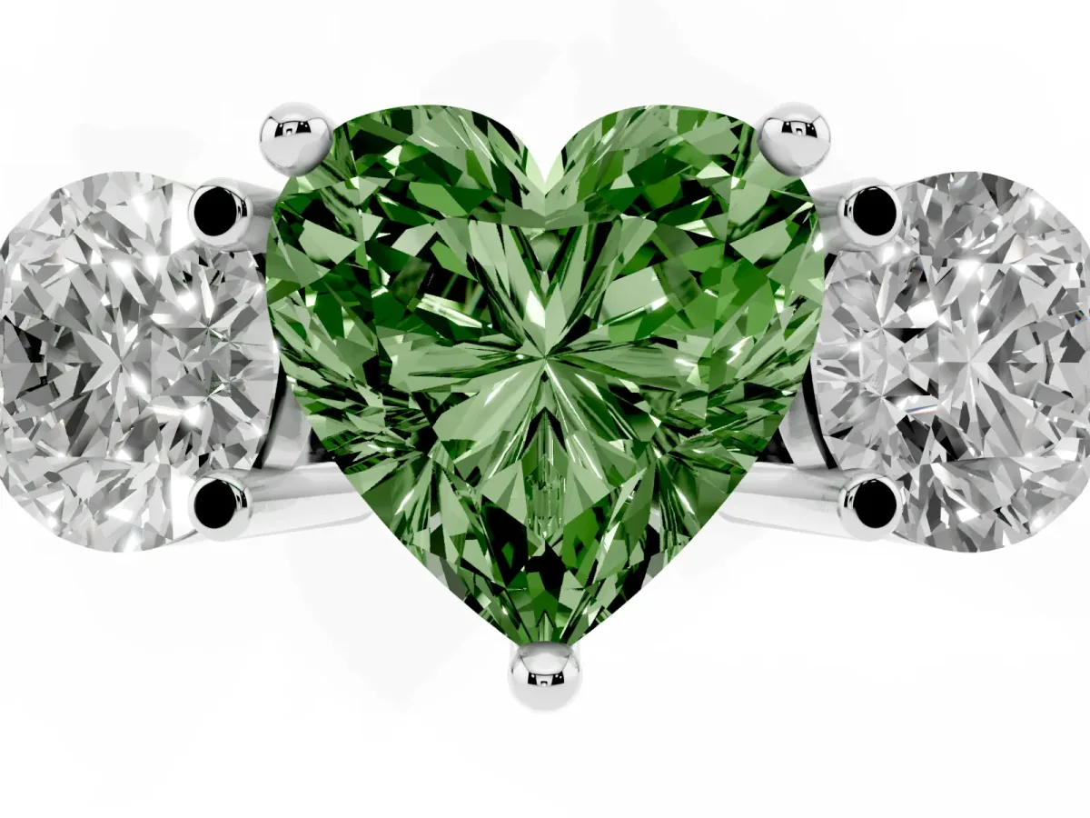 Fancy Green Three-Stone Heart Cut Brilliant Cut Solitaire Ring with Prong Setting on a Classic Band White gold