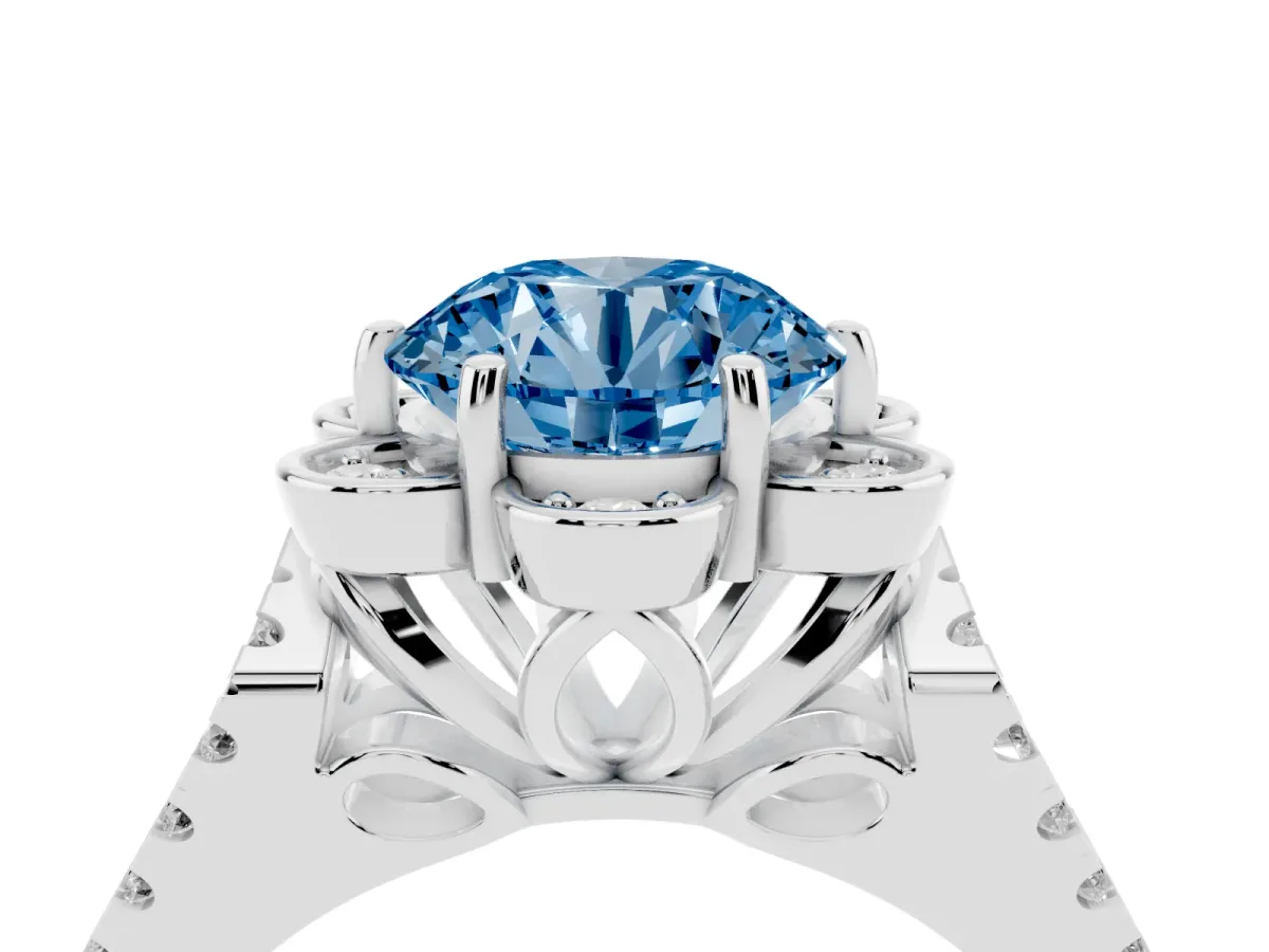 Fancy Blue Round Cut Halo Diamond Floral Split Shank Engagement Ring Silver
