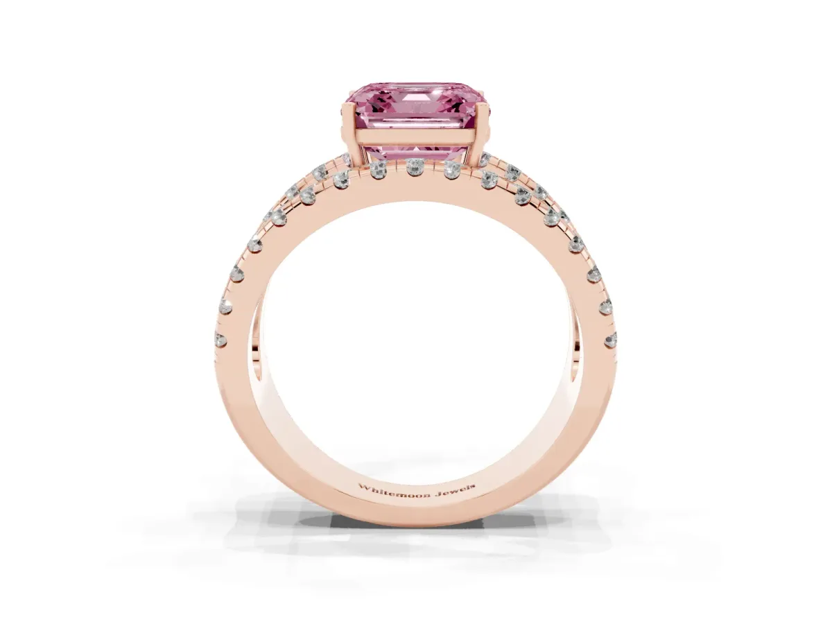Fancy Pink Asscher Cut Solitaire Split Shank Pave Diamond Ring Rose gold