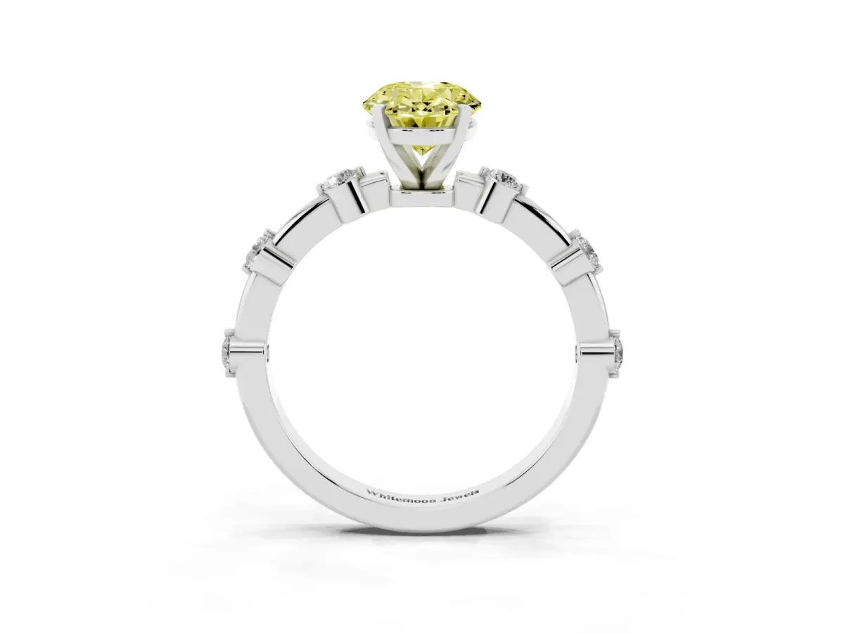 Fancy Yellow Oval Cut Solitaire Diamond Ring with Bezel Set Side Stones and Prong Setting Silver