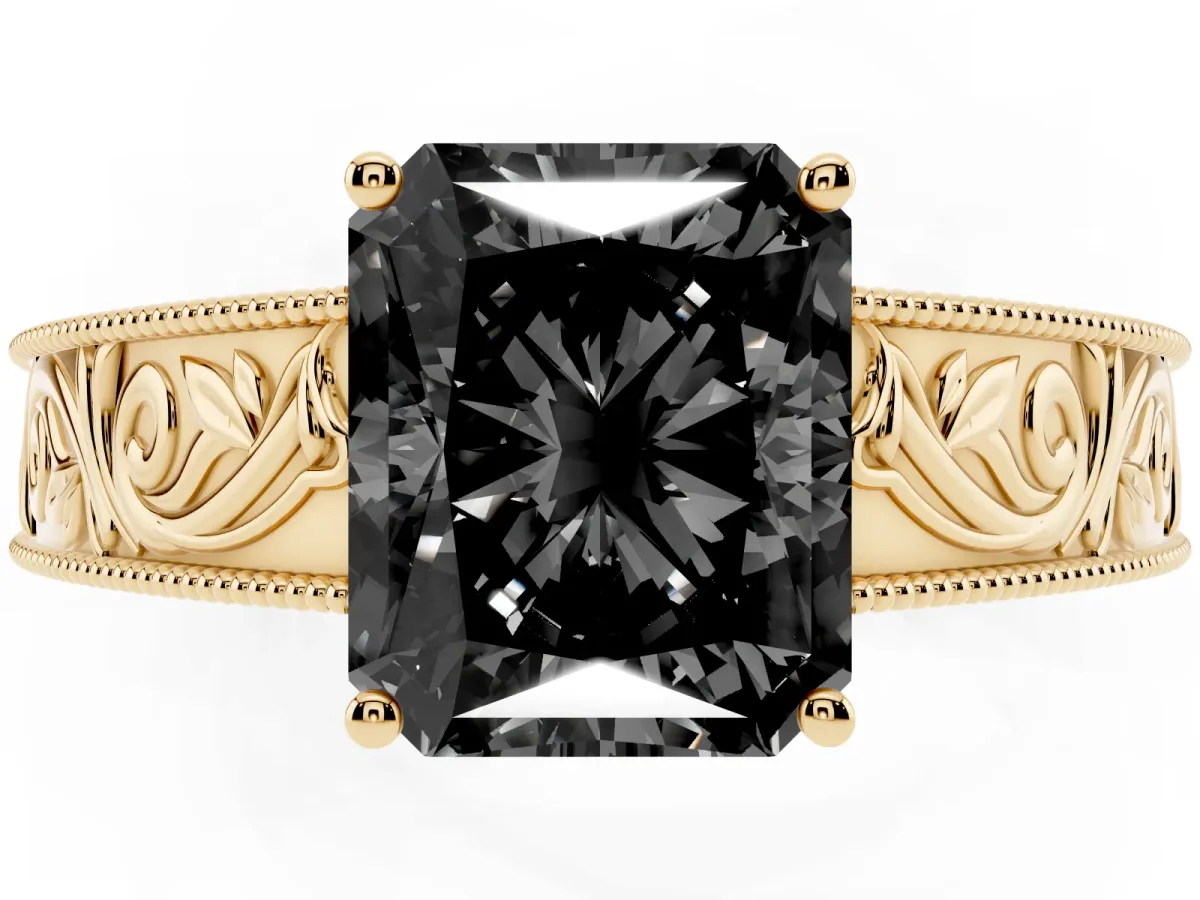 Fancy Black Radiant Cut Diamond Solitaire Ring with Engraved Band and Four-Prong Setting Yellow gold
