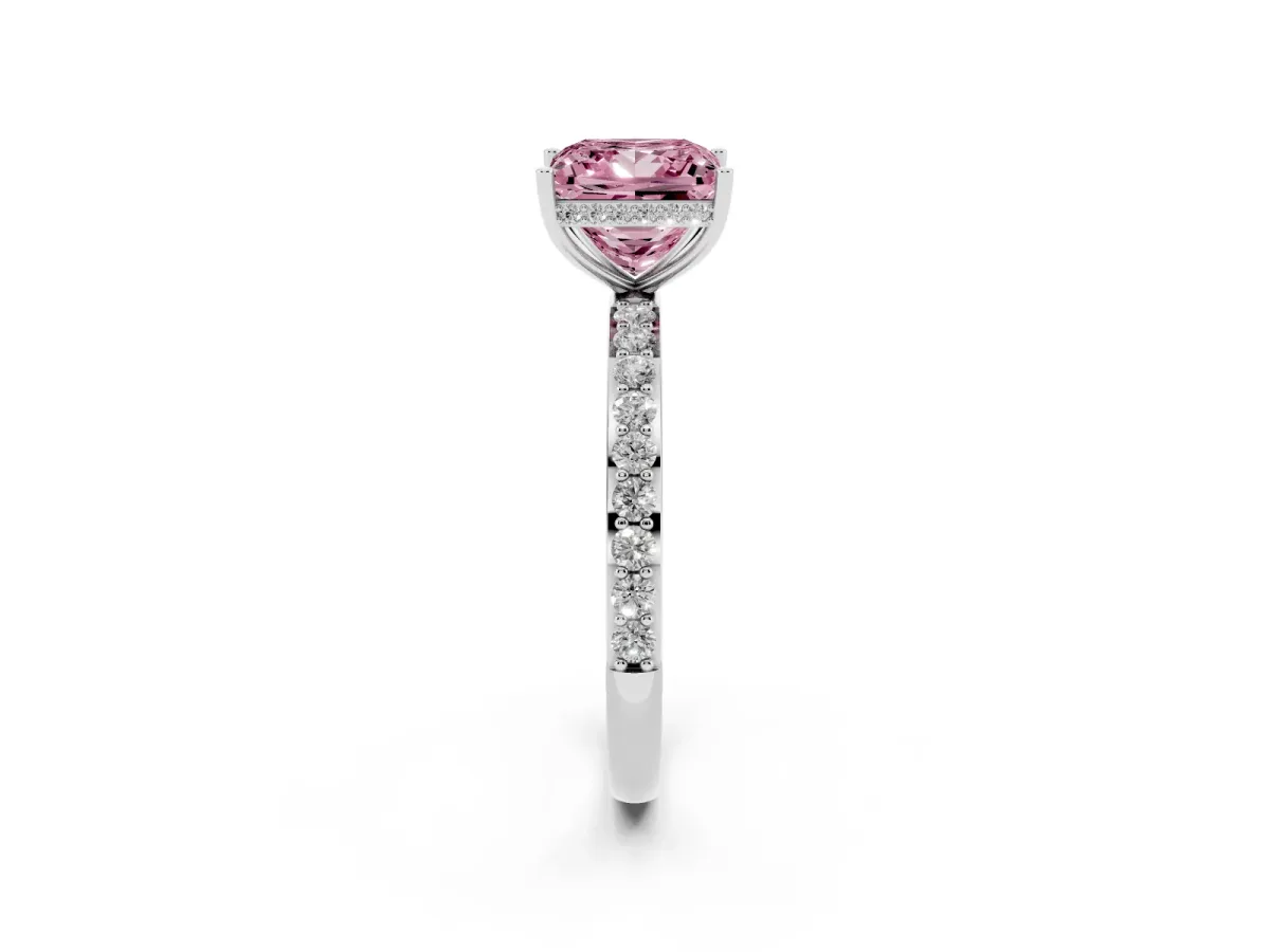 Fancy Pink Princess Cut Diamond Solitaire Ring with Pavé Band and Hidden Halo Silver
