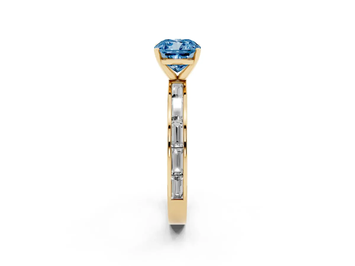 Fancy Blue Cushion Cut Solitaire Diamond Ring with Channel-Set Baguette Band and Four-Prong Setting Yellow gold