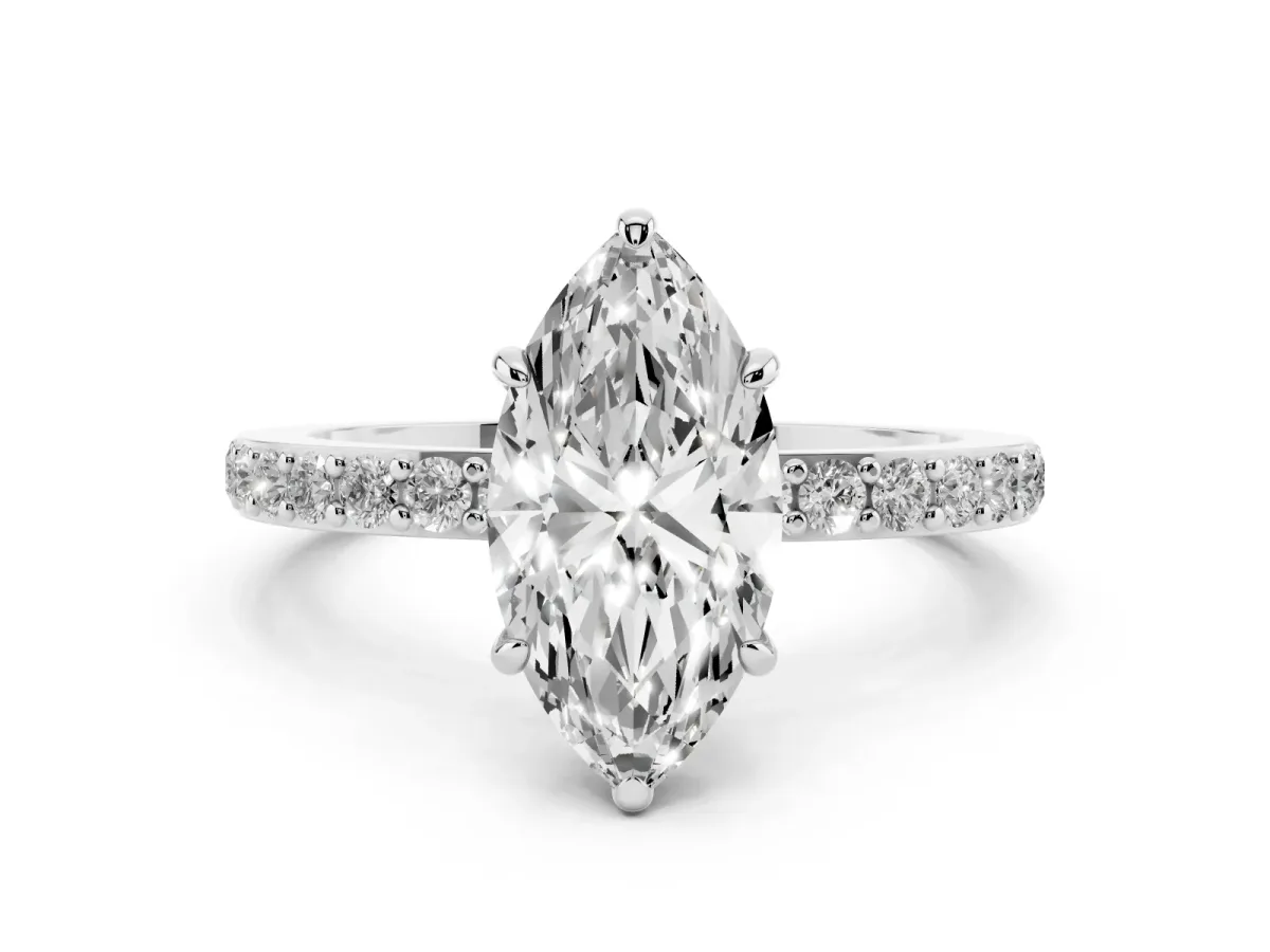 Marquise Cut Diamond Pavé Engagement Ring with Round Accents and Prong Setting Silver