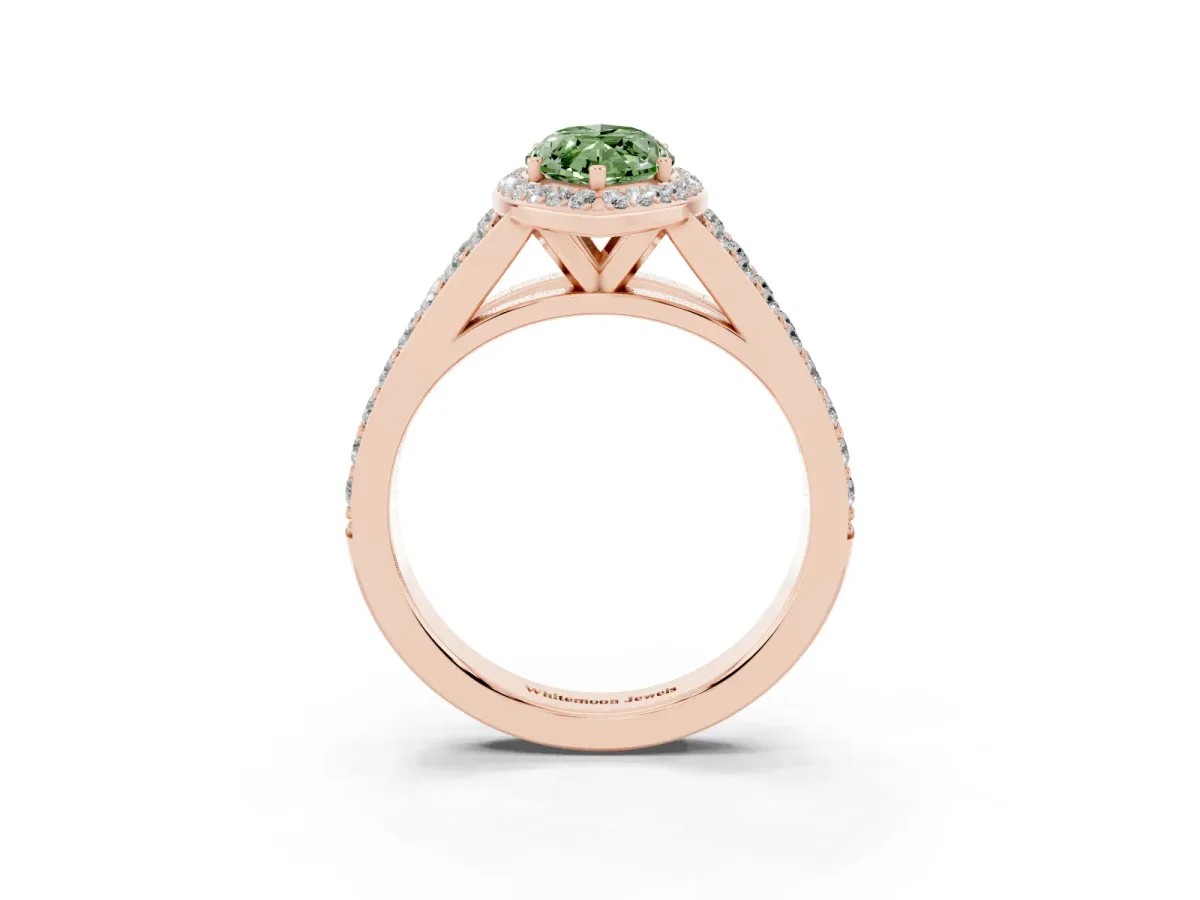 Fancy Green Marquise Cut Diamond Split Shank Halo Ring with Four-Prong Setting Rose gold