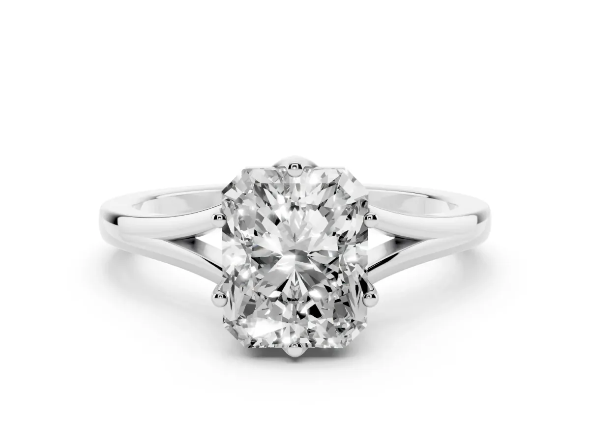 Radiant Cut Solitaire Diamond Ring with Six-Prong Setting and Tapered Band Platinum