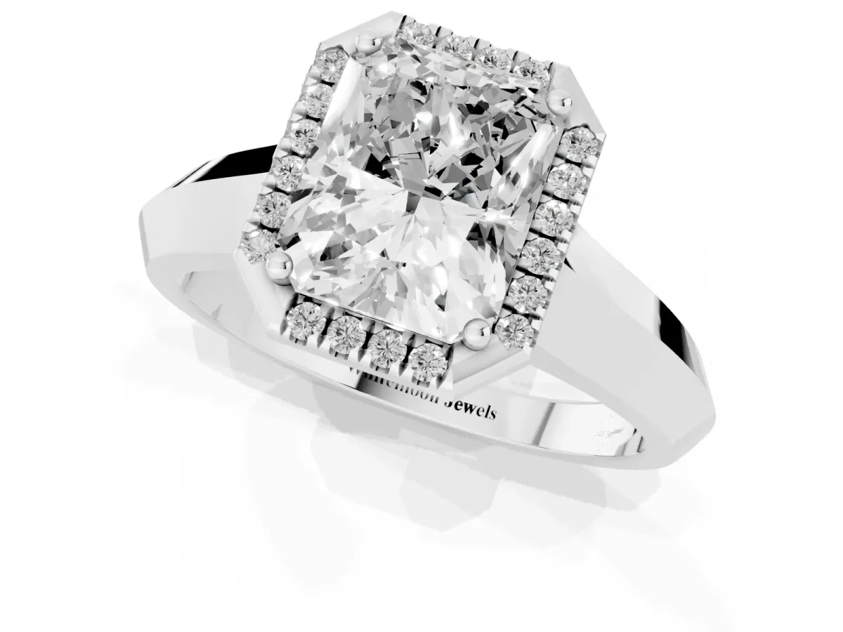 Radiant Cut Halo Diamond Ring with Cathedral Band and Four-Prong Setting Platinum