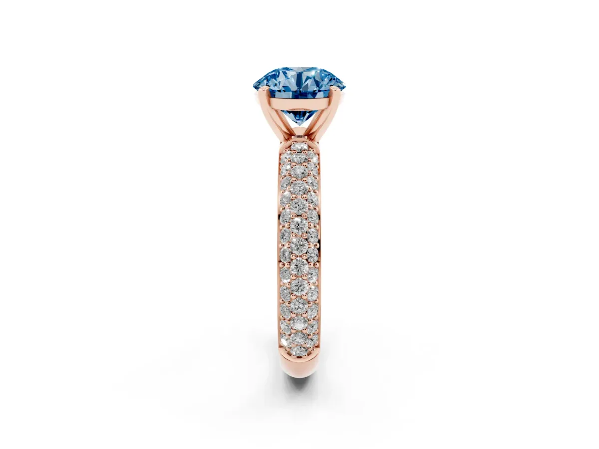 Fancy Blue Round Cut Diamond Solitaire Ring with Prong Setting and Pavé Band Rose gold