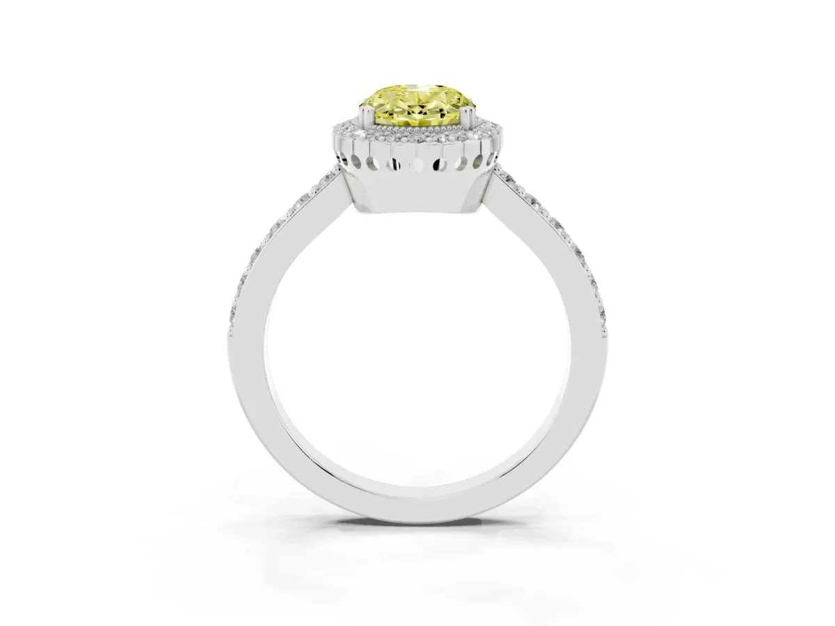 Fancy Yellow Oval Cut Cut Diamond Halo Engagement Ring with Milgrain Detail and Pavé Band Silver