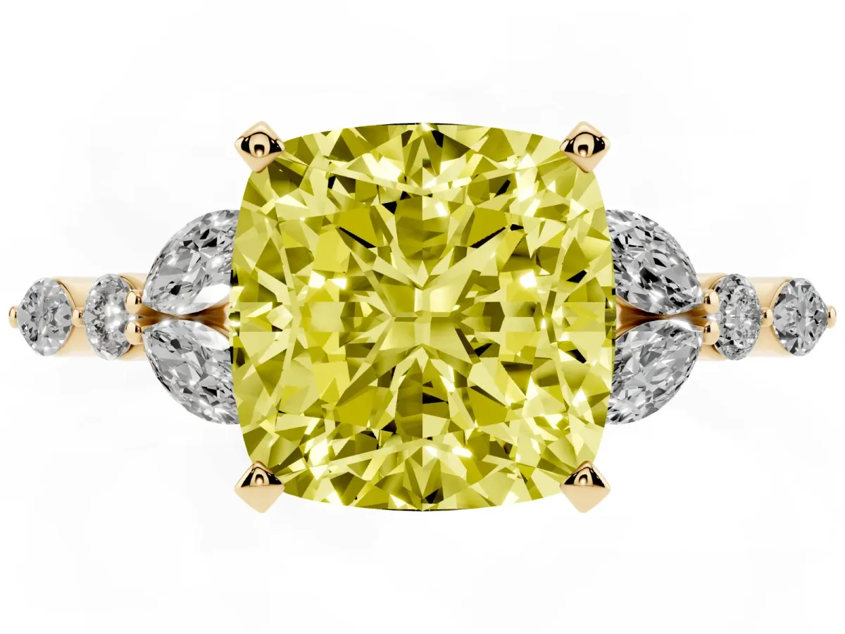 Fancy Yellow Cushion Cut Diamond Solitaire Ring with Side Stones and Four-Prong Setting Yellow gold